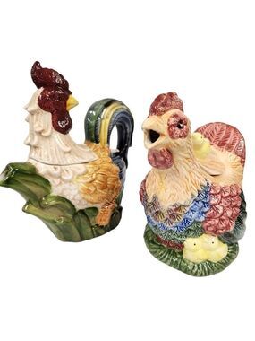 Vintage Ceramic Rooster & Hen Teapots Set Farmhouse Decor Chicken Rooster Decor